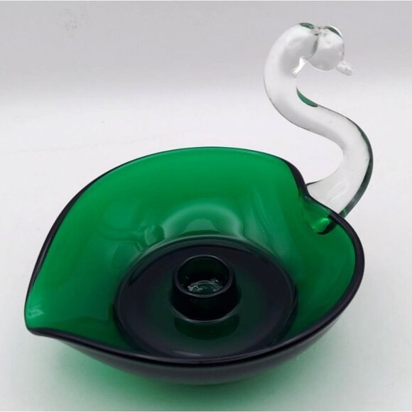 Duncan Miller Emerald Green & Clear Glass Swan Candle Holder Vintage MCM - Picture 5 of 6